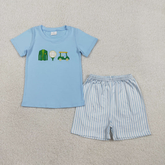 Baby Boys Kids Blue Short Sleeves Embroidery Golf Shirt Stripes Shorts Clothes Set RTS