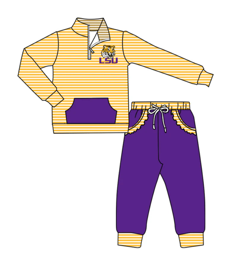 ( Moq 5 ) Baby Girls Toddler Stripes Long Sleeves Zipper Tiger Pullover Pockets Purple Pants Team Clothes Outfit