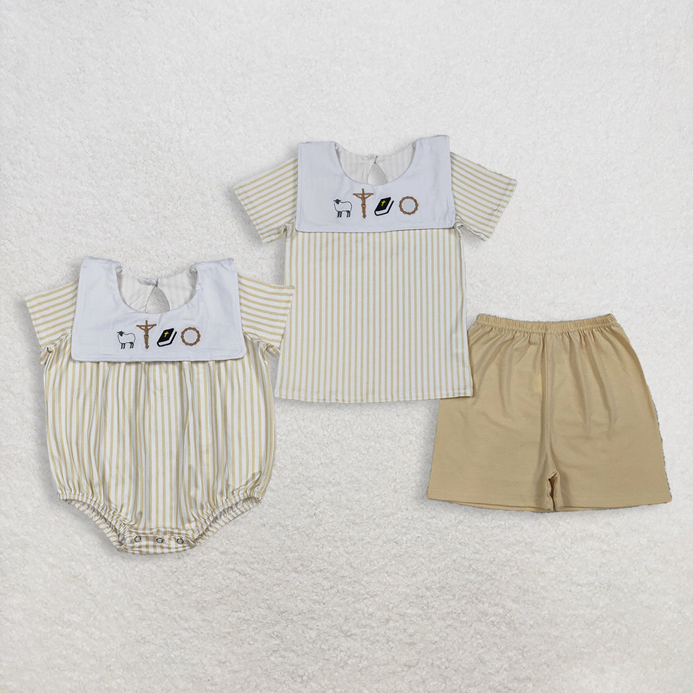 Sibling Baby Boys Kids Short Sleeves Embroidery Shirt Shorts Cross Stripes Set Romper RTS