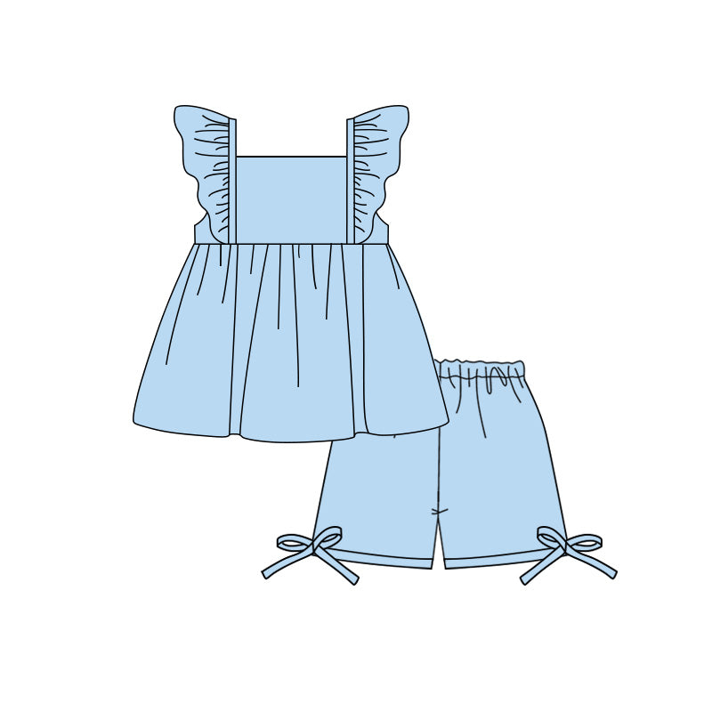 ( Moq 5 ) Preorder Baby Girl Kids Short Sleeves Ruffle Blue Tops Bows Shorts Set Cotton Clothes