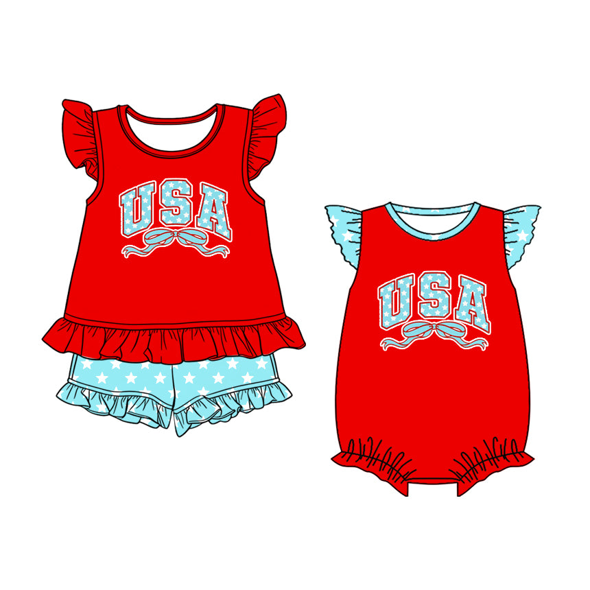 ( Moq 5 Each Style ) Baby Girls Kids USA Bows 4th of July Sibling Summer Romper Set