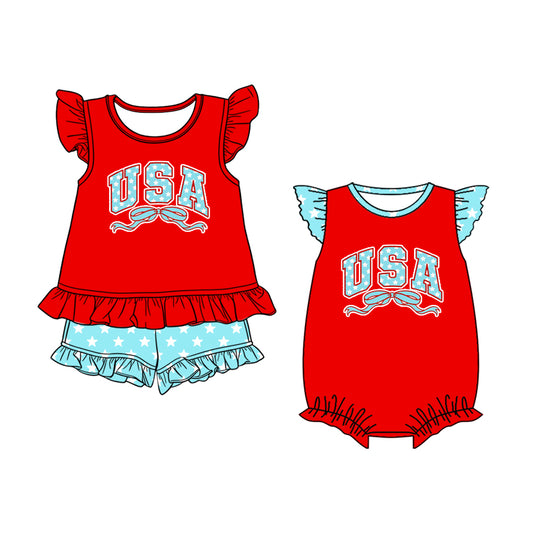 ( Moq 5 Each Style ) Baby Girls Kids USA Bows 4th of July Sibling Summer Romper Set