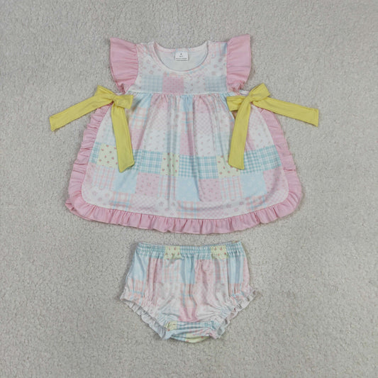 Baby Girls Kids Short Sleeves Flower Plaid Bows Tops Bummie Shorts Set Clothes RTS