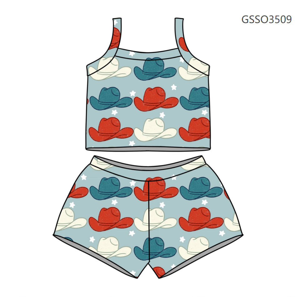 ( Moq 5 ) Preorder Baby Girls Straps Hats Stars Tops Shorts 4th of July Set Clothes