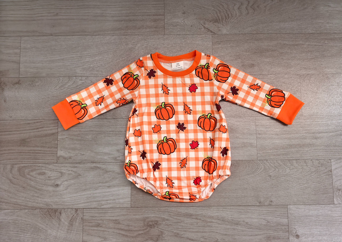 ( No moq ) Preorder Baby Boys Infant Long Sleeves Pumpkins Orange Plaid Fall Bubble Romper Clothes