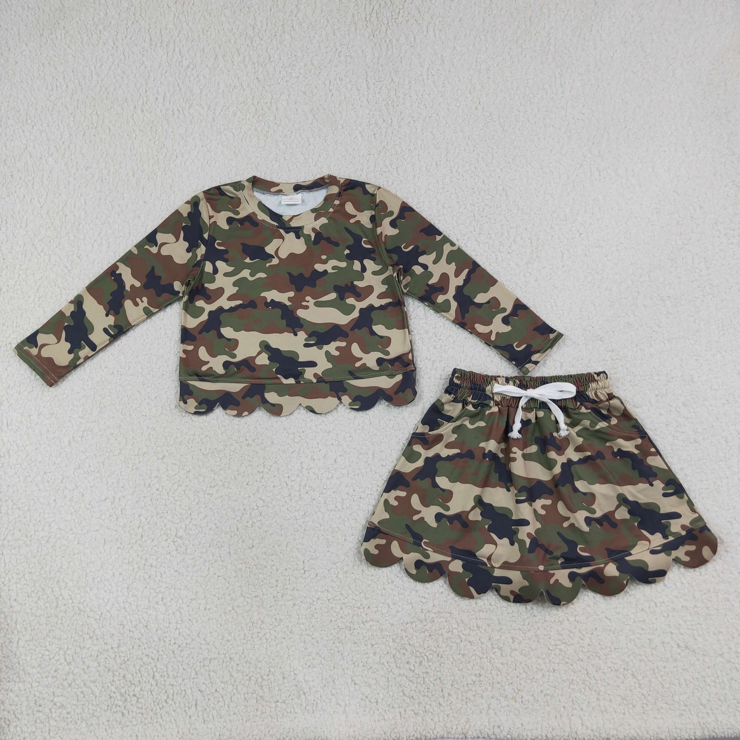 Baby Girls Kids Long Sleeves Shirt Green Camo Scallop Pockets Skirt Shorts Set Clothes RTS