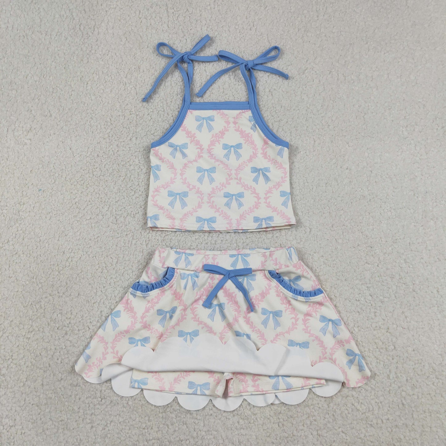 Baby Girls Kids Straps Bows Tops Pockets Skirt Shorts Yoga Set RTS