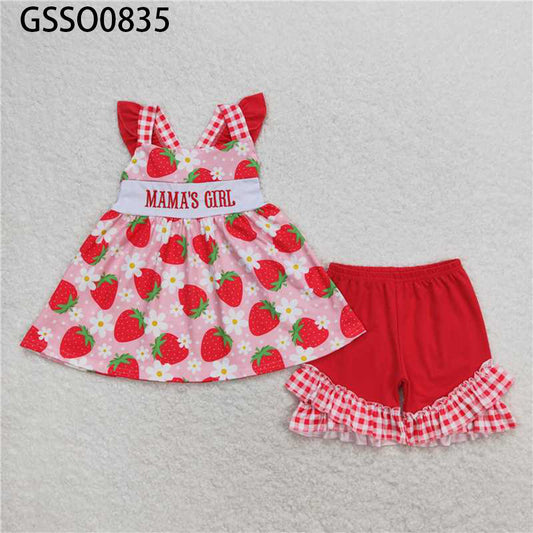 Mama's Girl Embroidery Strawberry Floral Tunic Ruffle Shorts Set