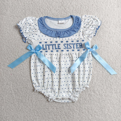 Sibling Baby Boys Girls Infant Embroidery Smocked Little Sister Brother Bubble Rompers RTS