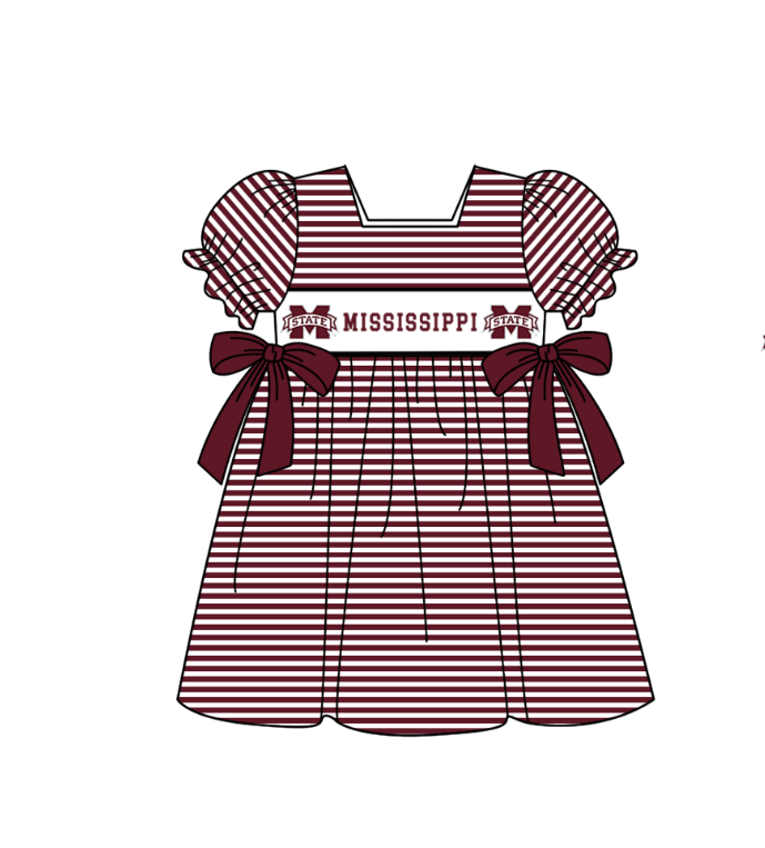 ( Moq 5 ) Baby Girls Toddler Short Sleeves M Dark Red Bows Stripes Knee Length Dress