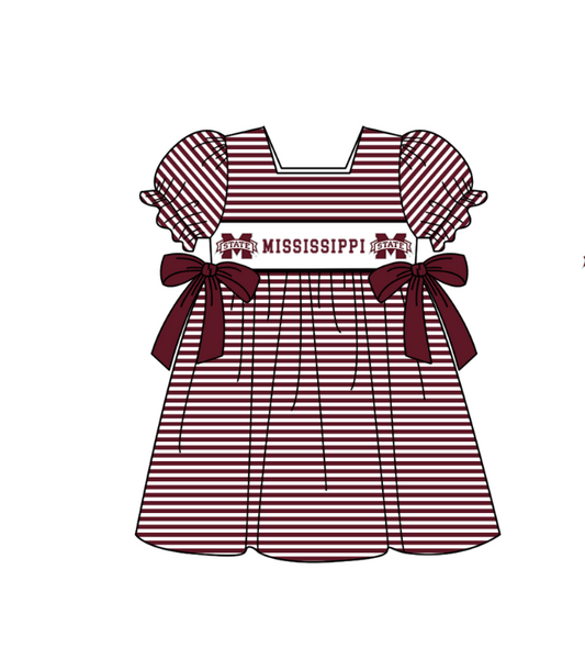 ( Moq 5 ) Baby Girls Toddler Short Sleeves M Dark Red Bows Stripes Knee Length Dress
