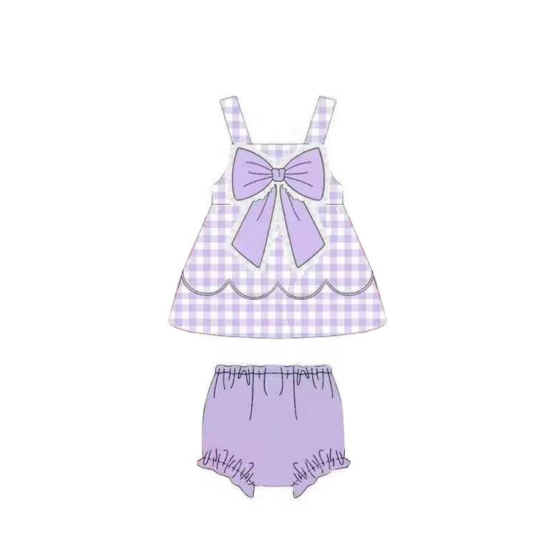( Moq 5 ) Preorder Baby Girls Kids Sleeveless Purple Plaid Bow Tops Bummie Set Summer Clothes
