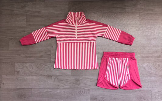 ( No moq ) Preorder Baby Girls Kids Pink Stripes Zipper Pullover Shorts Yoga Active Set Clothes