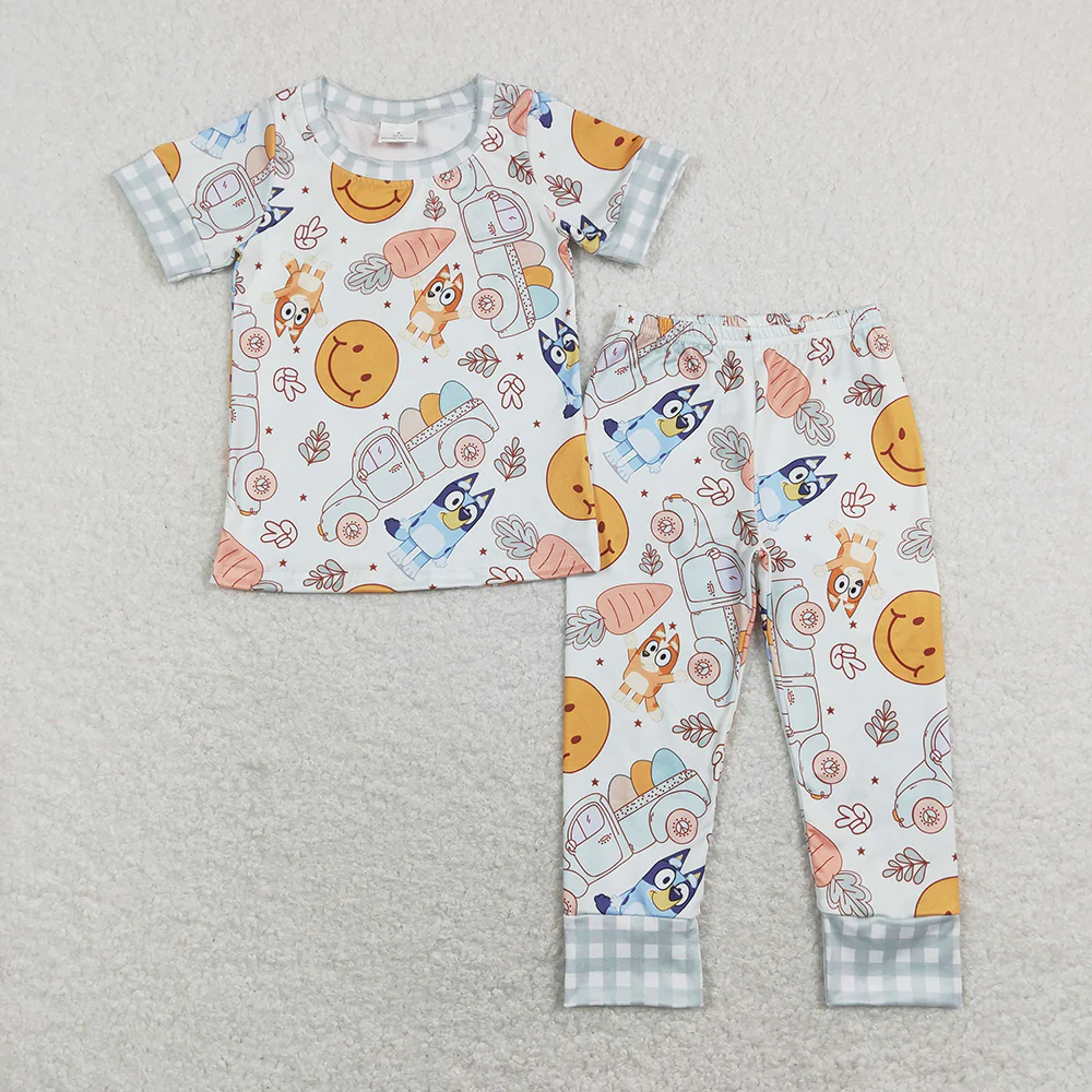Sibling Baby Boys Girls Short Sleeves Dogs Flower Eggs Carrots Trucks Easter Romper Pajamas Sets RTS