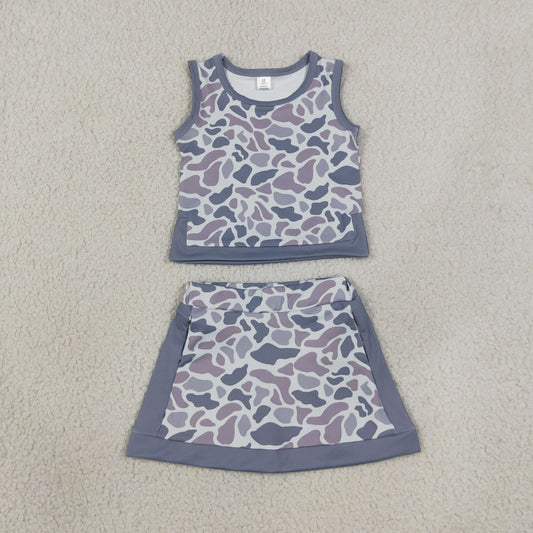 Baby Girls Kids Grey Camo Tops Skirt Shorts Set Yoga Active Clothes RTS