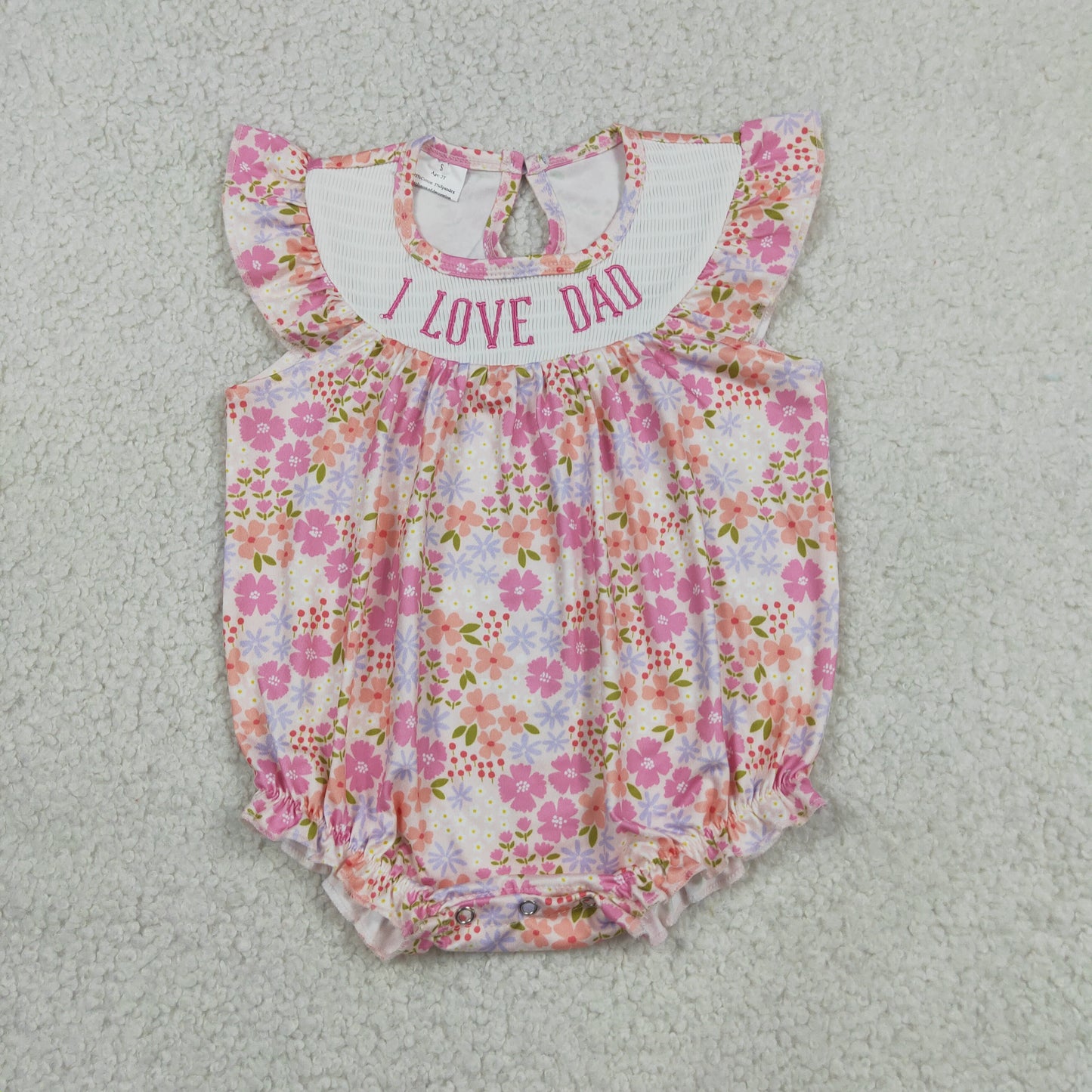 Baby Girls Infant Short Sleeves Embroidery I Love Dad Flower Pink Romper RTS