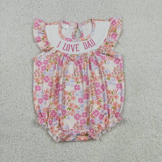 Baby Girls Infant Short Sleeves Embroidery I Love Dad Flower Pink Romper RTS