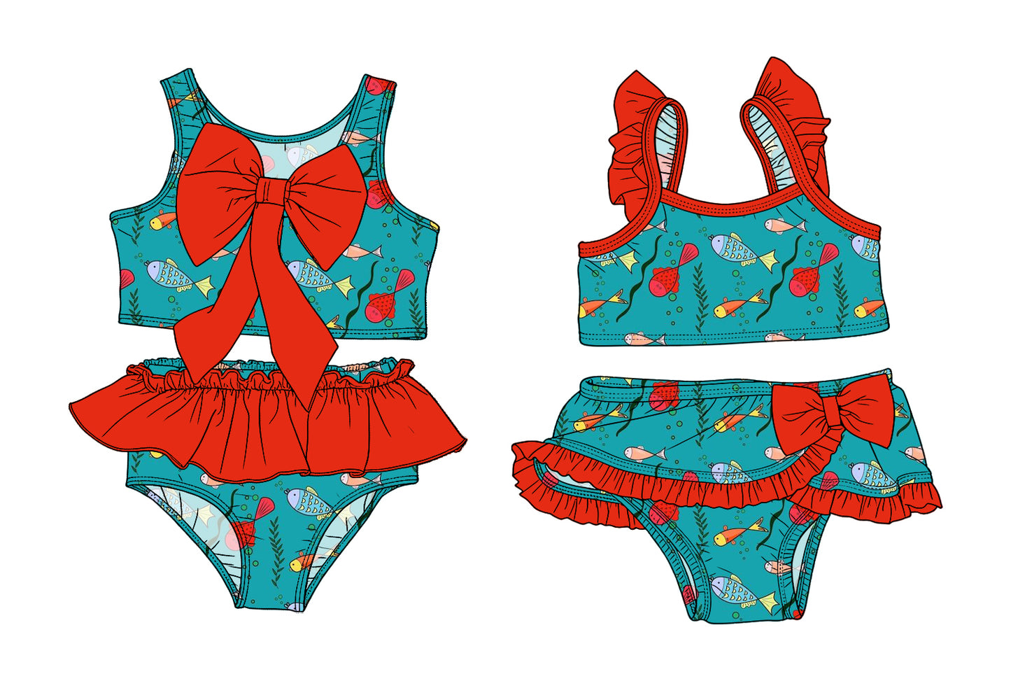 ( Moq 5 Each Style ) Sibling Baby Girls Kids Fish Tops Ruffle Shorts Red Bows Sets Summer Swimsuits