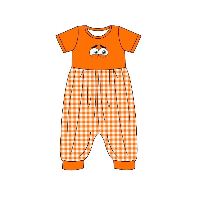 Baby Girl Short Sleeves Orange Plaid Cartoon Jumpsuit