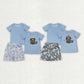 Sibling Baby Boys Kids Blue Short Sleeves Dog Fishing Shirts Camo Pockets Shorts Sets RTS