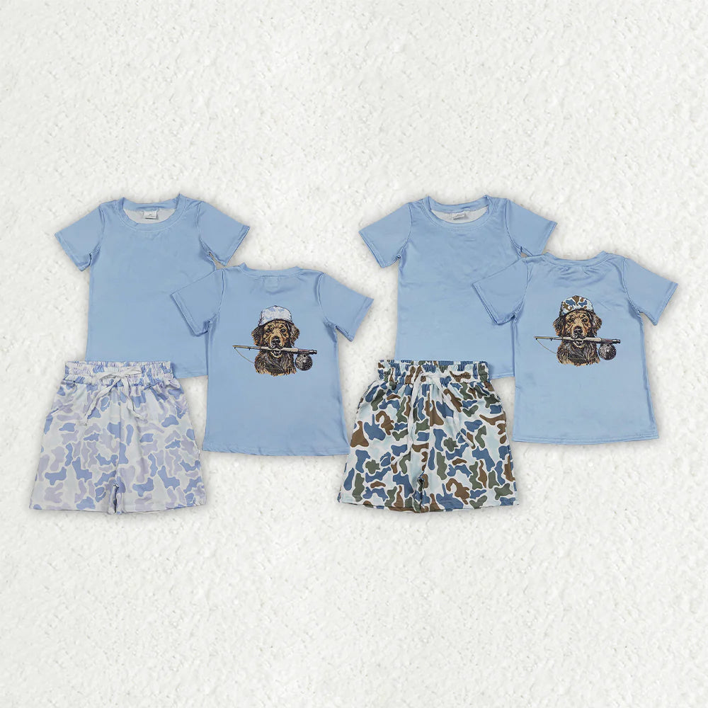 Sibling Baby Boys Kids Blue Short Sleeves Dog Fishing Shirts Camo Pockets Shorts Sets RTS