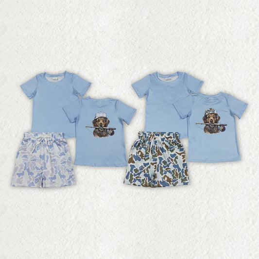 Sibling Baby Boys Kids Blue Short Sleeves Dog Fishing Shirts Camo Pockets Shorts Sets RTS