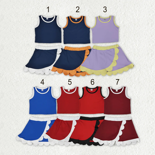 Sibling Baby Girls Kids Sleeveless Shirts Scallop Skirts Shorts Yoga Active Sets Clothes RTS