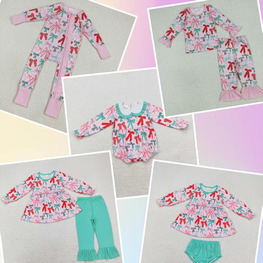 Baby Boy Girl Long Sleeves Christmas Red Green Bows Sibling Romper Pajamas Clothes Set RTS