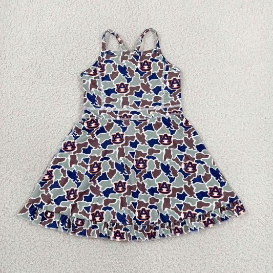 Baby Girls Kids Straps Green Camo Print Team Yoga Ruffle Knee Length Dress RTS