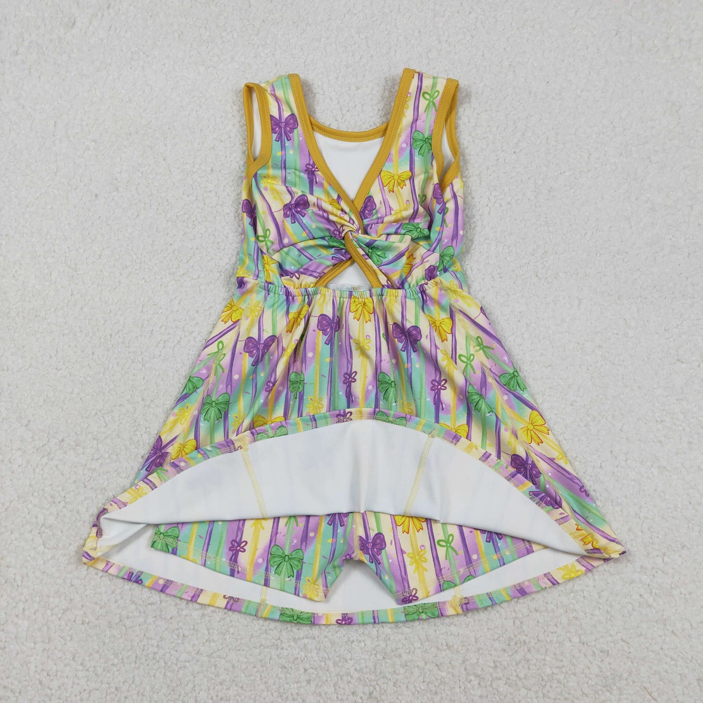 Baby Girls Sleeveless Mardi Gras Bows Stripes Yoga Shorts Knee Length Dress RTS