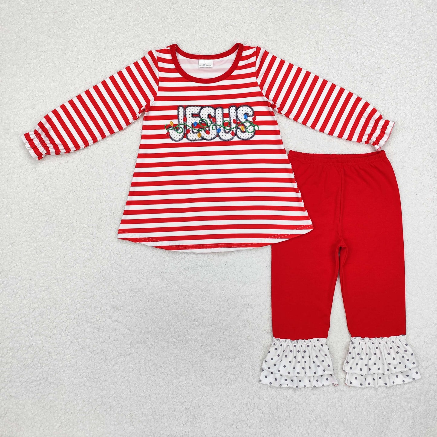 Baby Girl Long Sleeves Christmas Stripes Jesus Tunic Red Pants Clothes Set