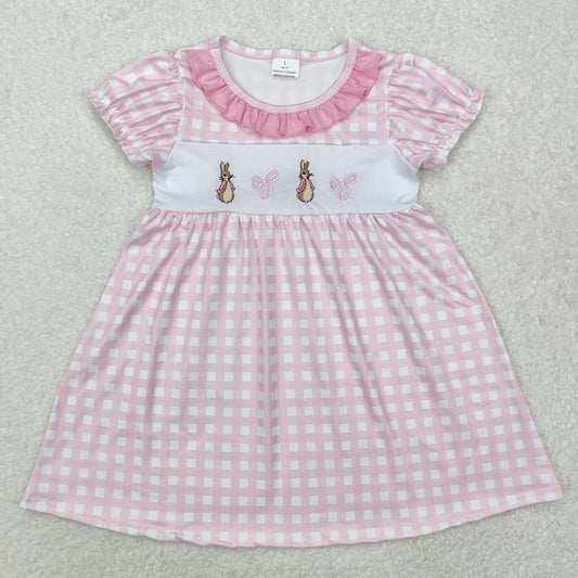 RTS Baby Girl Short Sleeves Embroidery Easter Rabbit Bows Knee Length Dress