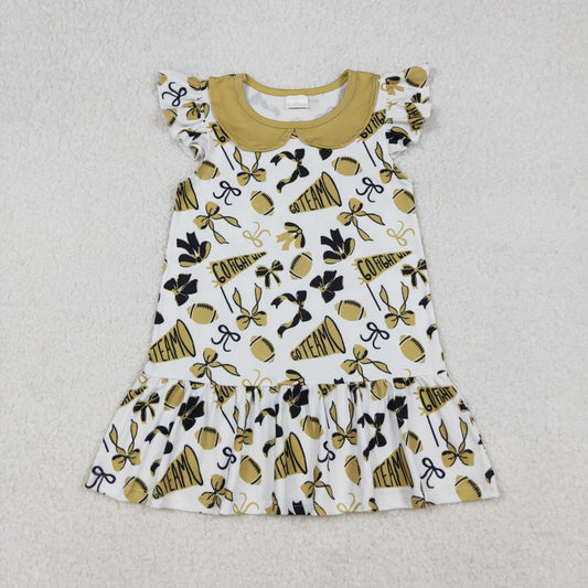 Baby Girl Short Sleeves Gold Bows Cheer Knee Length Dress RTS