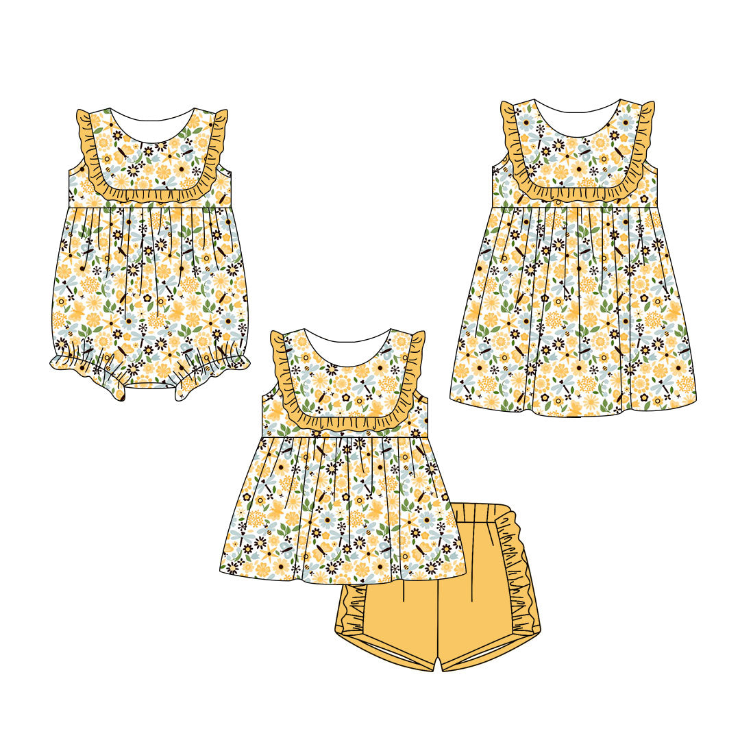 ( Moq 5 Each Style ) Sibling Baby Girls Kids Sleeveless Flower Yellow Ruffle Romper Dress Set