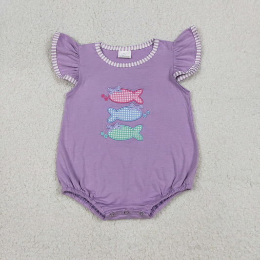 Baby Girls Kids Short Sleeves Embroidery Fish Bows Purple Bubble Romper RTS