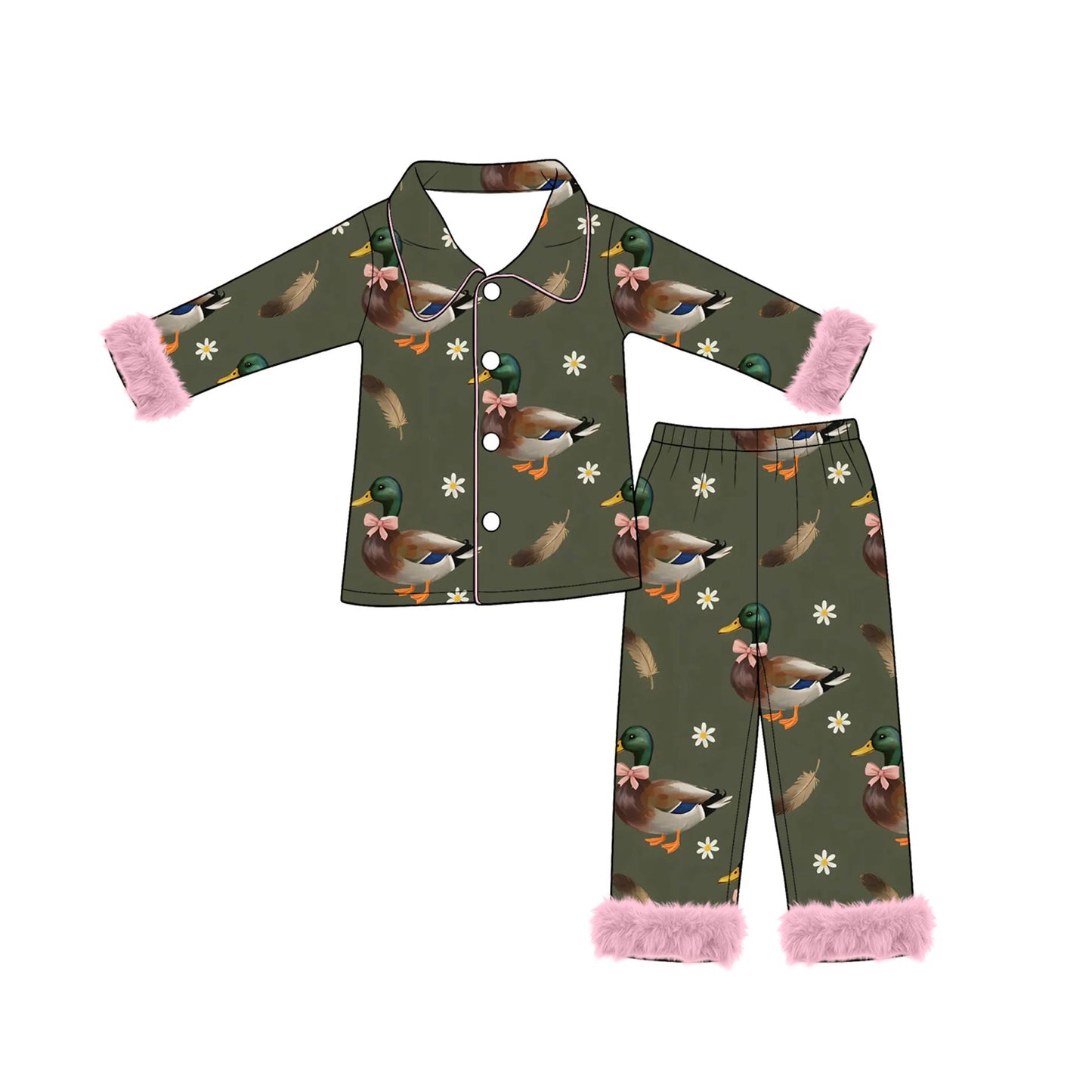 ( Moq 5 ) Preorder Baby Girls Kids Ducks Bows Flower Buttons Shirt Pink Fur Pants Pajamas Set Clothes