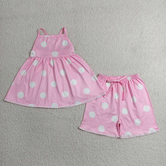 Baby Girls Kids Straps Dots Tunic Shorts Summer Pink Clothes Set RTS