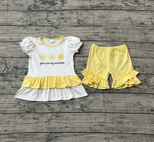 Baby Girls Kids Short Sleeves Suns Tunic Yellow Ruffle Shorts Set RTS