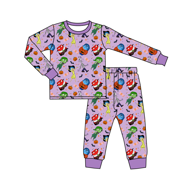 Baby Girl Long Sleeves Pumpkin Halloween Cartoon Purple Pajamas Set