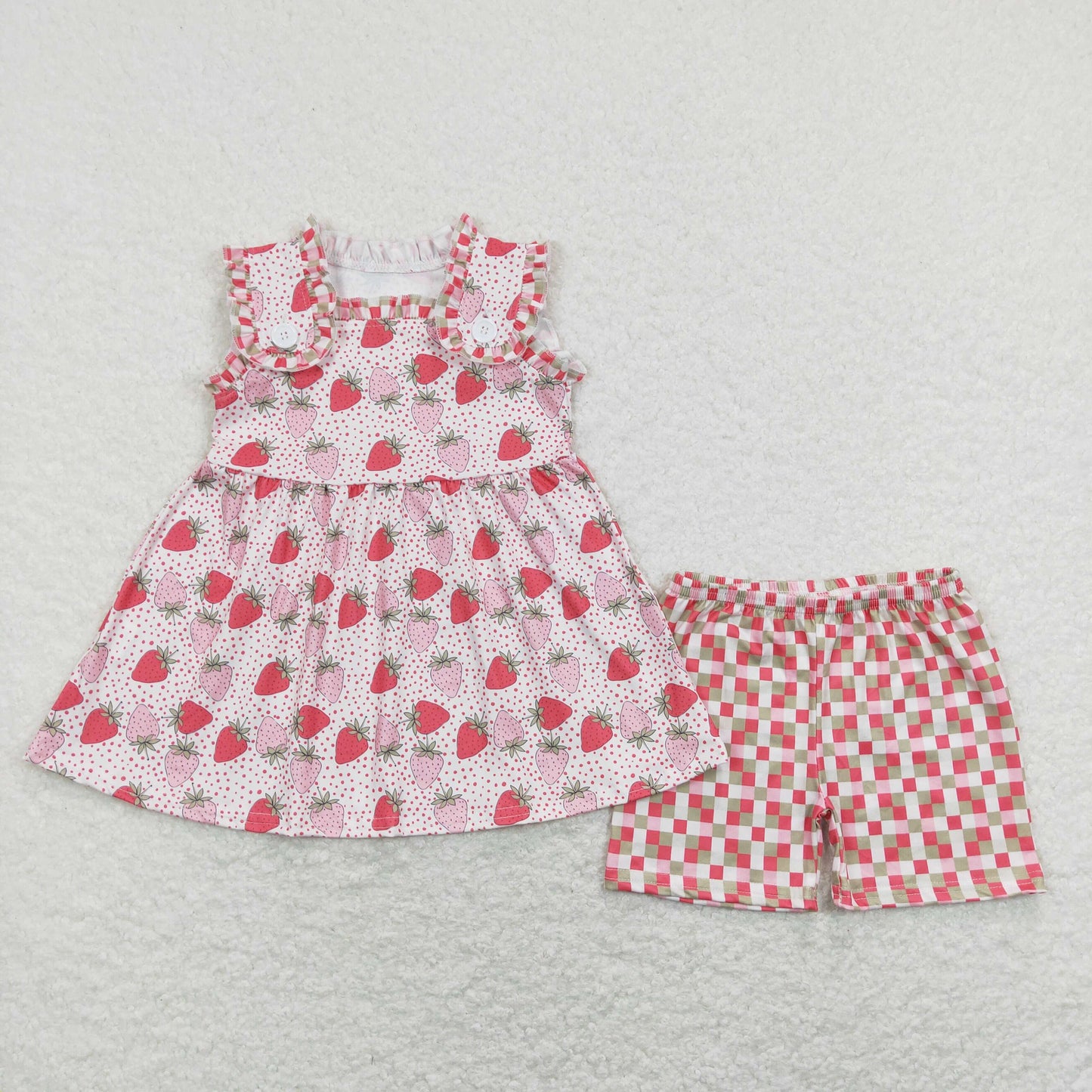 GSSO0499 Baby Girl Strawberry Tunic Checkered Shorts Set