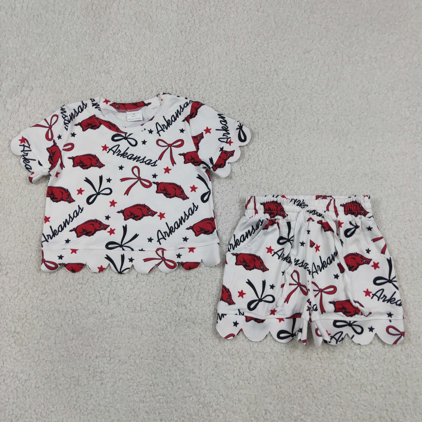 Sibling Baby Girls Kids Short Sleeves Bows Shirts Pockets Shorts Team Sets Scallop Clothes RTS