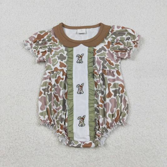 Baby Girls Infant Short Sleeves Embroidery Rabbits Bows Camo Easter Bubble Romper RTS