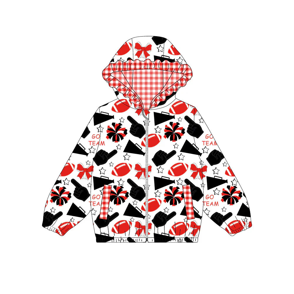 ( Moq 5 ) Baby Girls Kids Bows Cheer Pockets Team Plaid Hoodie Zipper Football Coat Tops