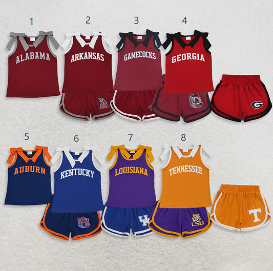 Sibling Baby Girls Kids Sleeveless Bows Cotton Shirts Shorts Sets Cheer Team Clothes RTS