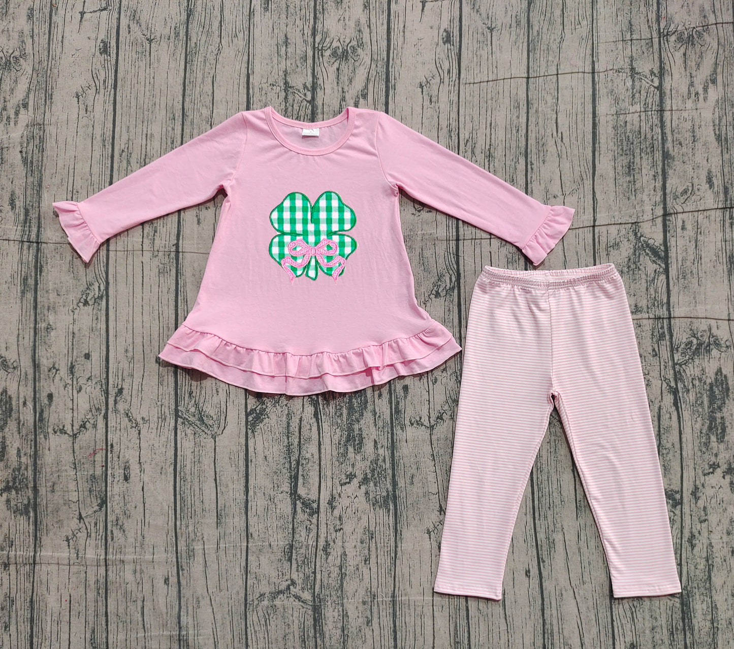 (  No moq ) Preorder Baby Girl St Patrick Embroidery Bow Tunic Legging Clothes Pink Set