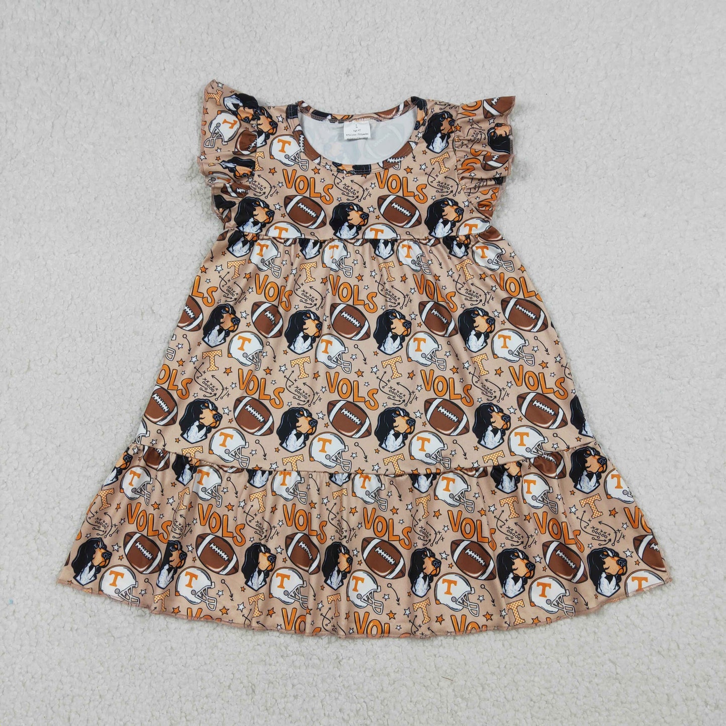 Baby Girls Kids Short Sleeves Dogs Football Team Ruffle Knee Length Dress RTS