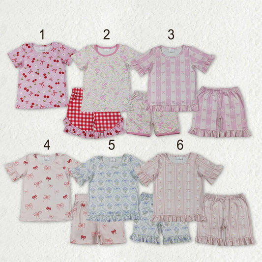 Sibling Baby Girls Kids Short Sleeves Flower Bows Goose Shirts Shorts Sets Pajamas Clothes RTS