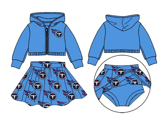 Baby Girl Toddler Blue Zipper Hoodie Tops Skirt Shorts Team Set Moq 5
