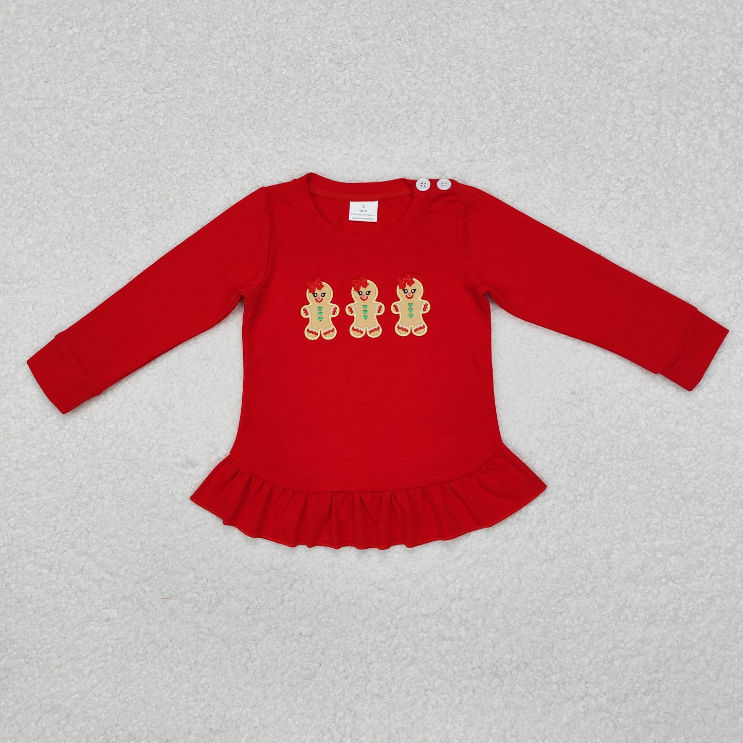 Baby Girl Long Sleeves Christmas Embroidery Gingerbread Long Sleeves Red Shirt