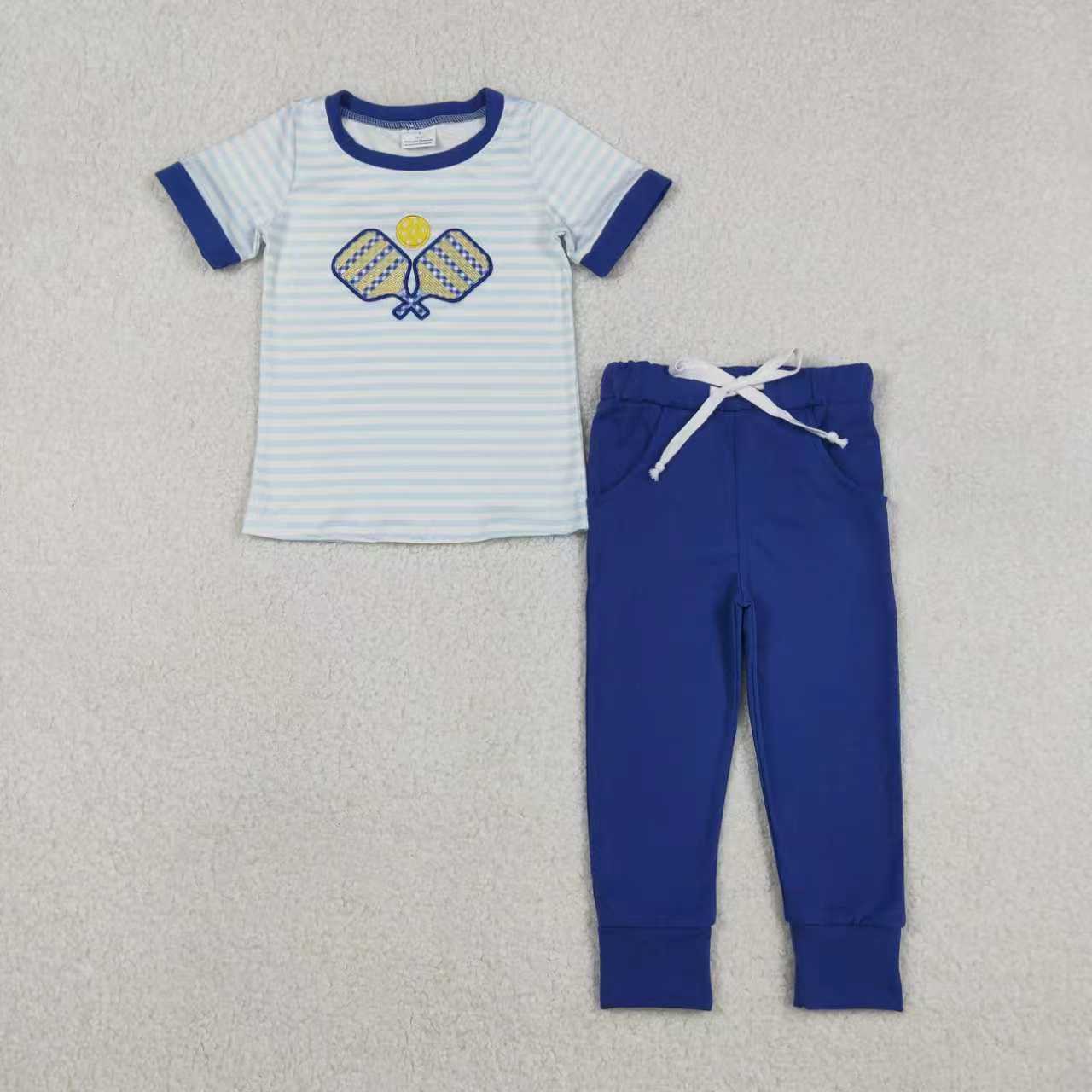 Sibling Baby Boys Kids Stripes Short Sleeves Embroidery Table Tennis Blue Romper Set RTS